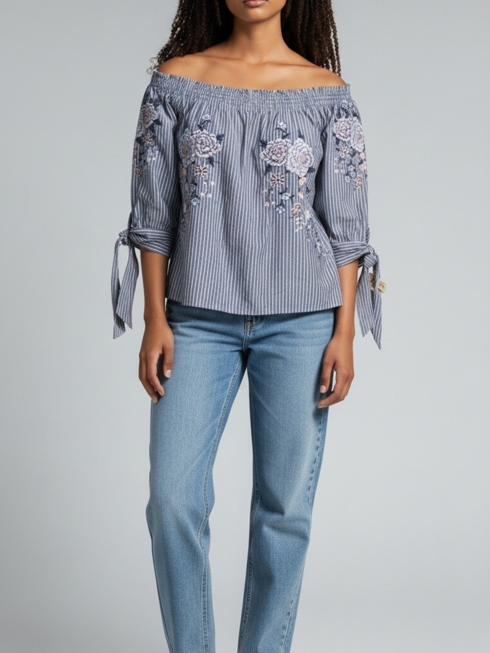American Eagle Outfitters Blue Striped Off‑Shoulder Embroidered Top